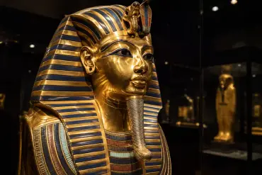 The golden funerary mask of Tutankhamun at the Grand Egyptian Museum