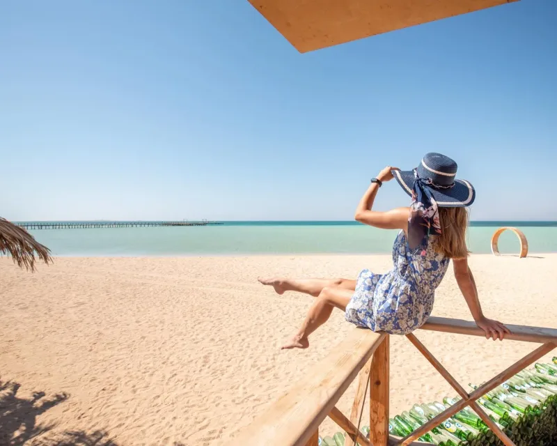 Panoramic view of Orange Bay Hurghada - aerial perspective of the stunning white sand beaches and crystal-clear turquoise waters of Egypt's tropical paradise