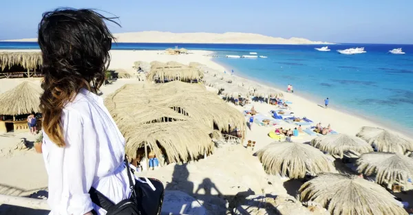 Mahmya Island - luxury beach club setup with organized rows of sunbeds along the pristine Red Sea Riviera shoreline