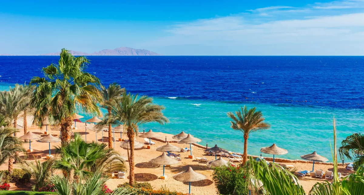 Sharm El Sheikh aerial view showing beach resorts and mountains