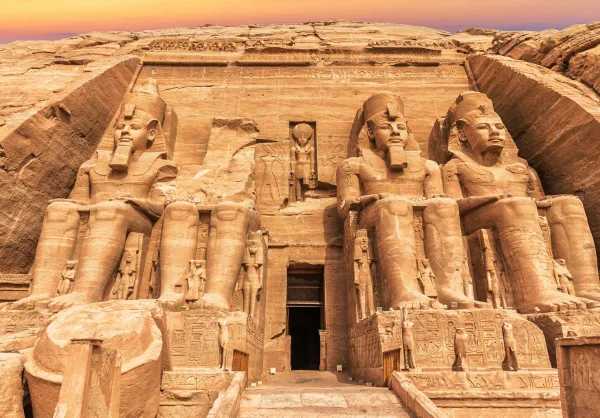 Abu Simbel massive facade with four seated statues