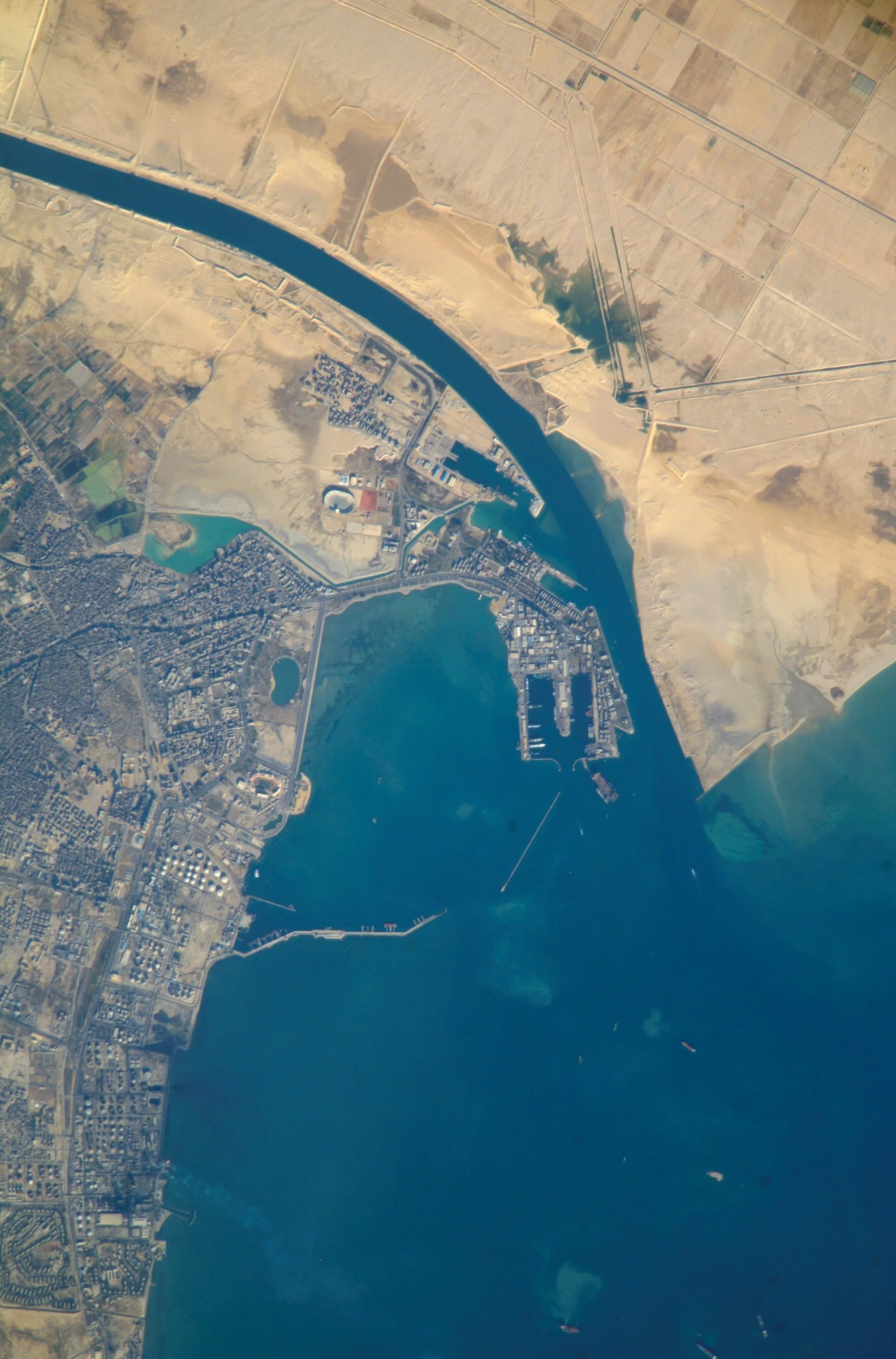 Aerial vertical view of the Suez Canal