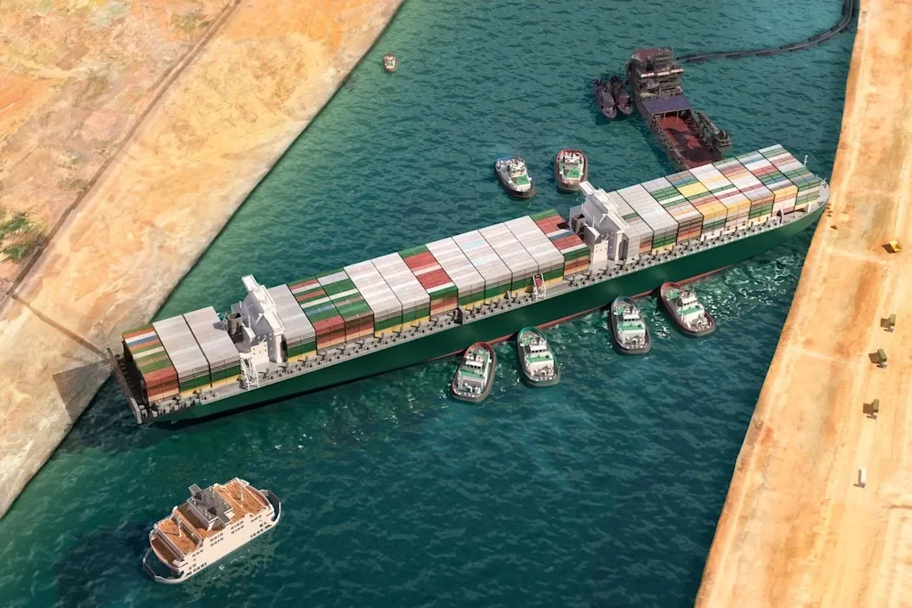 Container ship Ever Given stuck in the Suez Canal in March 2021