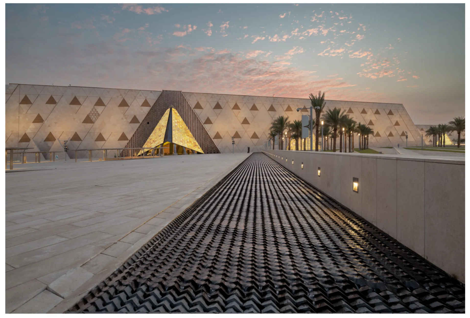 The modern architecture of the Grand Egyptian Museum near the Pyramids