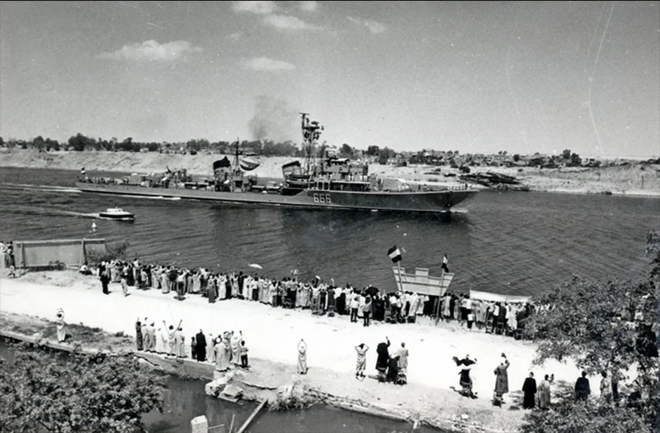 Suez Canal reopening ceremony with Egyptian naval escort