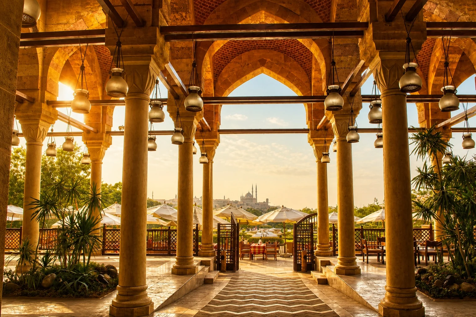 شُرفة مطعم Citadel View في حديقة الأزهر تطلّ على القلعة المملوكية والقاهرة الإسلامية
