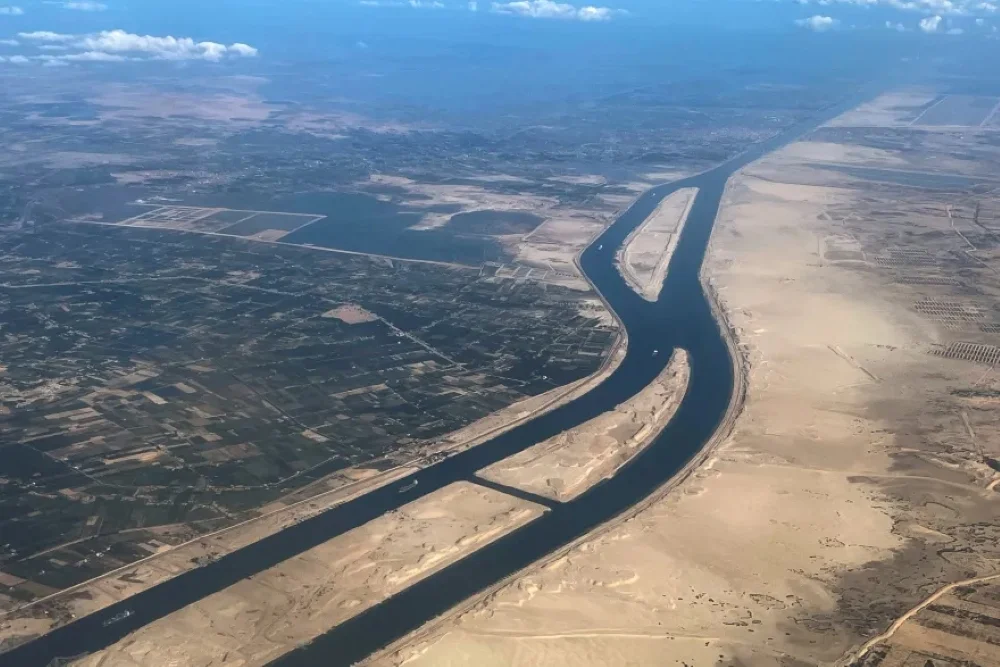 Aerial view showing both lanes of the Suez Canal