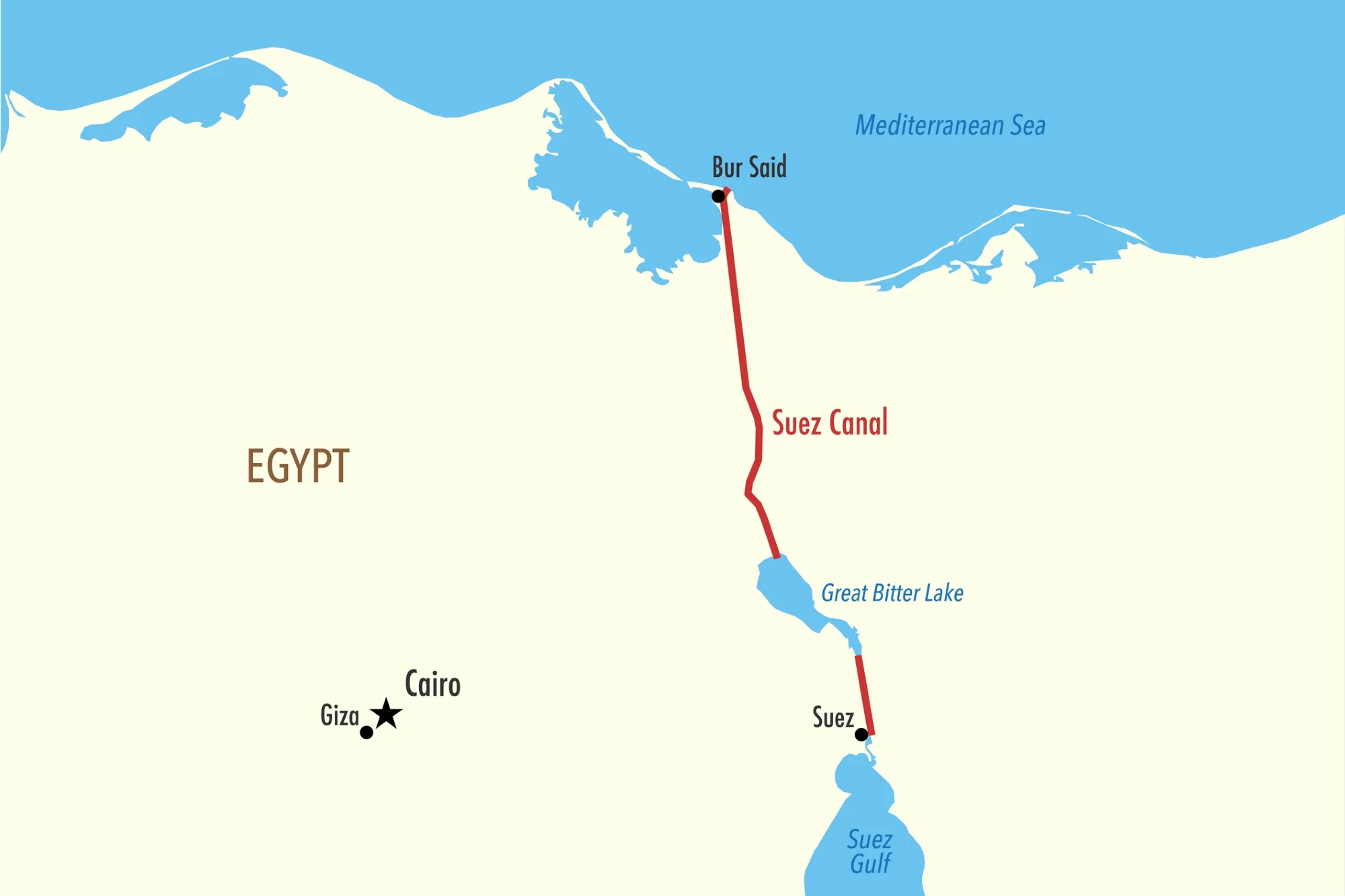 Map of the Suez Canal showing its route through Egypt