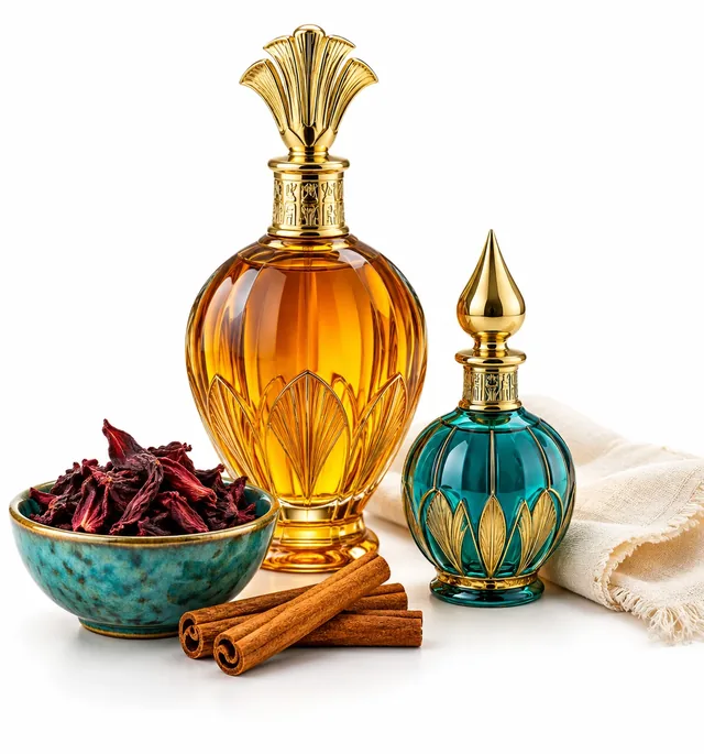 Dried hibiscus, cinnamon sticks and perfume-oil bottles