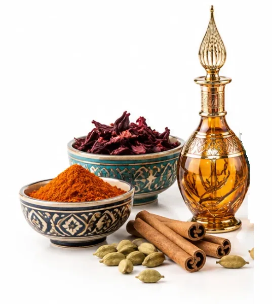 Especias egipcias, hibisco seco, ramas de canela, cardamomo y un frasco de aceite perfumado